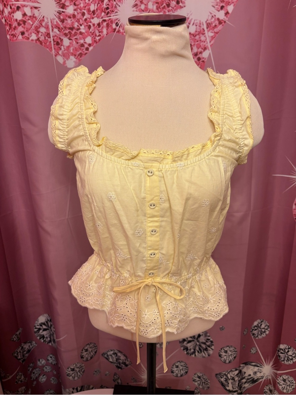 wild fable Pale Yellow Eyelet Ruffle Peplum Button-Front Top